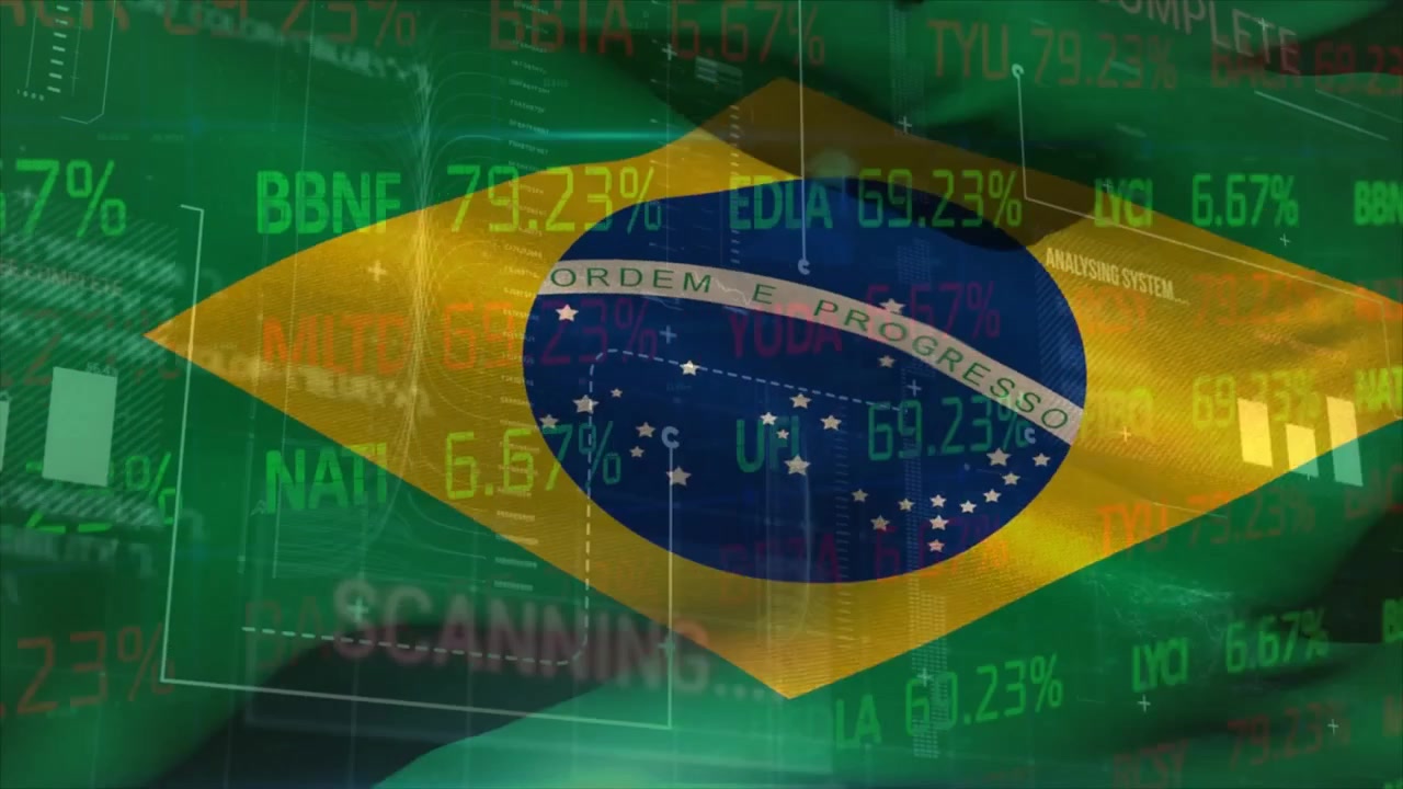 Animazione del mercato azionario e dell'elaborazione dati sulla bandiera del Brasile.