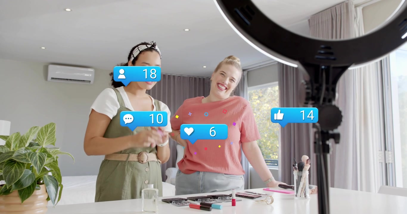 Two makeup creators holding pink jar describing features while social icons popping boosting stats