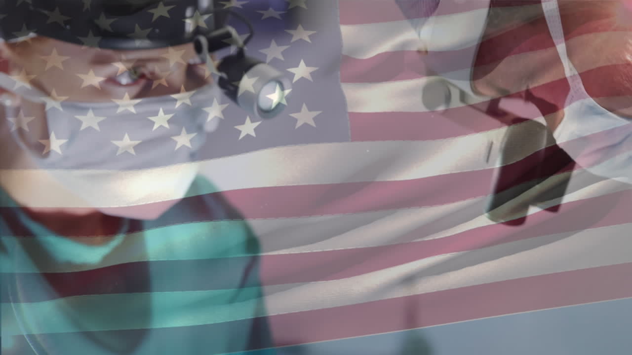 animación de la bandera de los estados unidos ondeando sobre los cirujanos en el quirófano