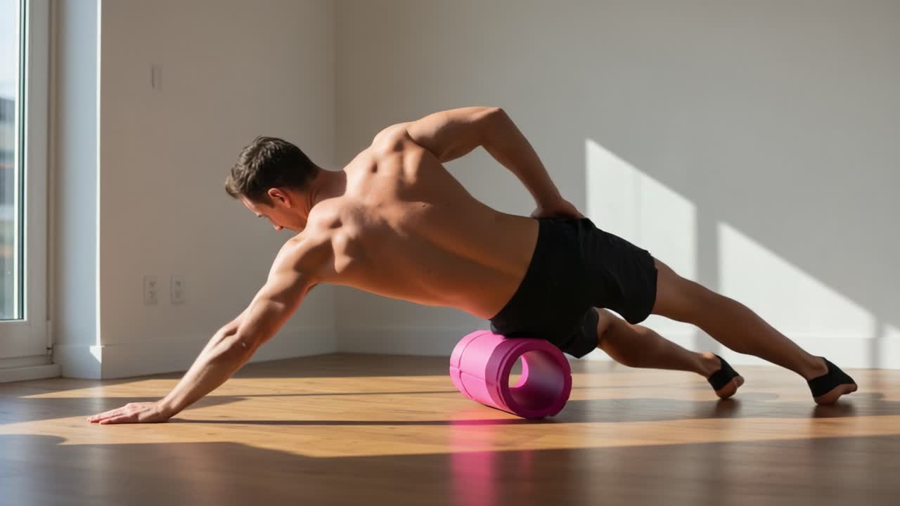 A Focused Individual Engaging in Foam Rolling Therapy to Enhance Muscle Recovery and Flexibility in a Bright, Minimalistic Space