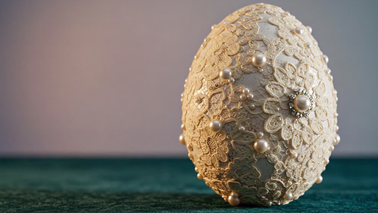 A Stunning Decorated Egg Featuring Intricate Lace and Pearls, Perfect for Festive Celebrations and Decorative Displays, Showcasing Exquisite Craftsmanship and Elegance