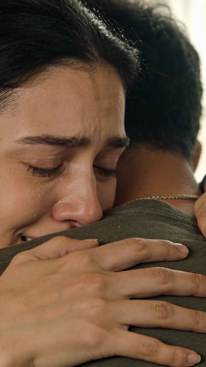 Vertical video: Focusing on woman crying leaning into shoulder, being consoled at home olive top