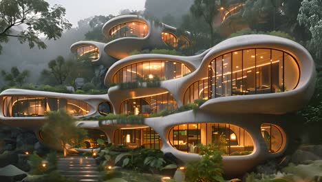 futuristic organic architecture blending with lush nature at dusk