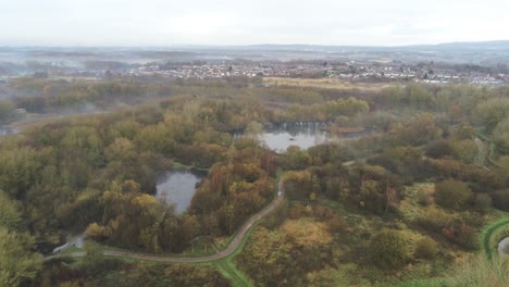 Neblig-Morgendämmerung-Neblig-Bunt-Naturreservat-Herbst-Waldlandschaft-Luft-Absteigend