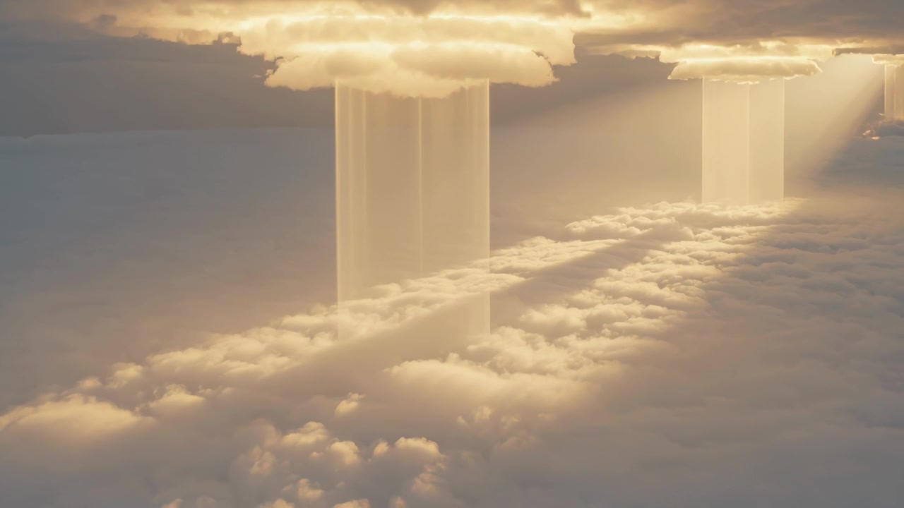 日の出の光が上層の雲を貫き、光芒が下層の雲を照らし、明るい道筋を作り出す。