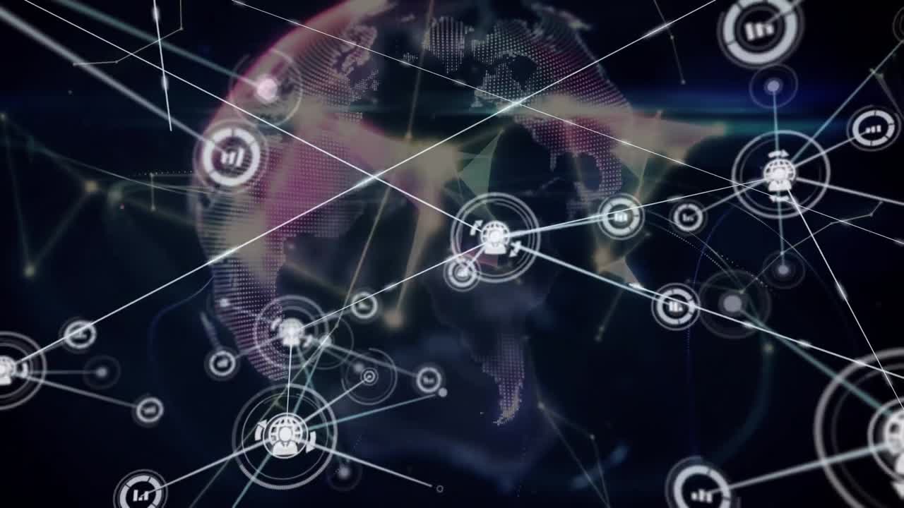 Animation of network of globe and information icons transferring data on dark background