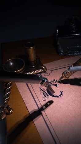 precise metal robotic arms of surgical robot hold the writing pen. equipment forceps move depicting the letter on the paper. close up. dark backdrop. vertical video