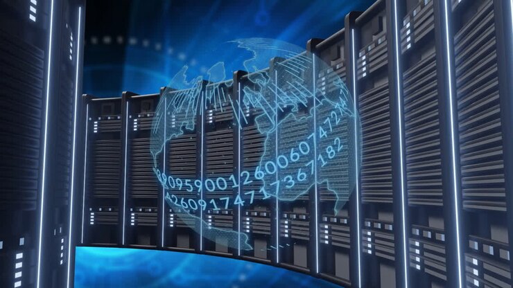 Animation of globe and data processing over computer servers