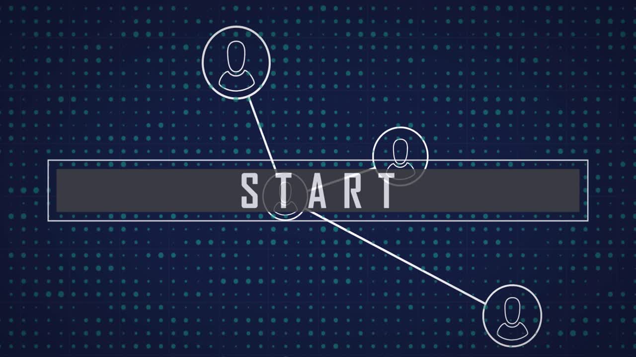 animación de la red de iconos de perfil y banner de texto de inicio contra el patrón de puntos en fondo azul