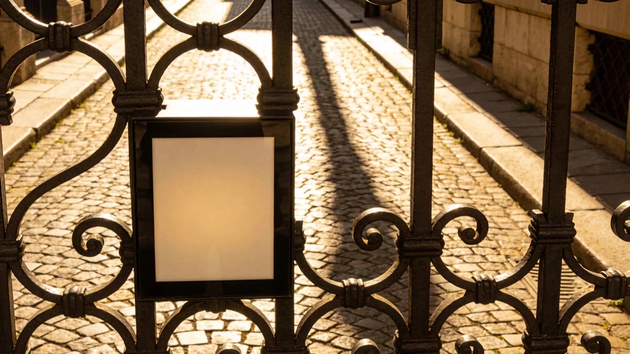 Lens framing ornate wrought-iron gate with frosted plaque low sun moving shadows across cobble lane