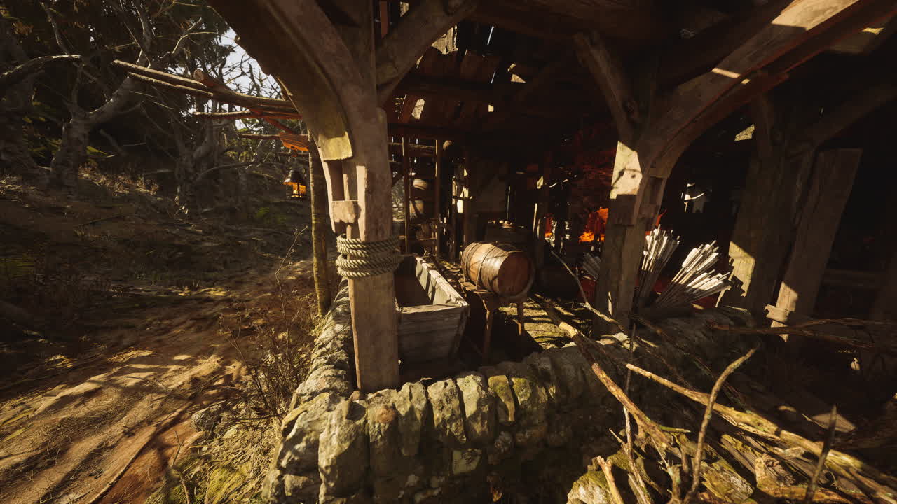 Rustic workshop with wooden barrel and tools in a forest setting