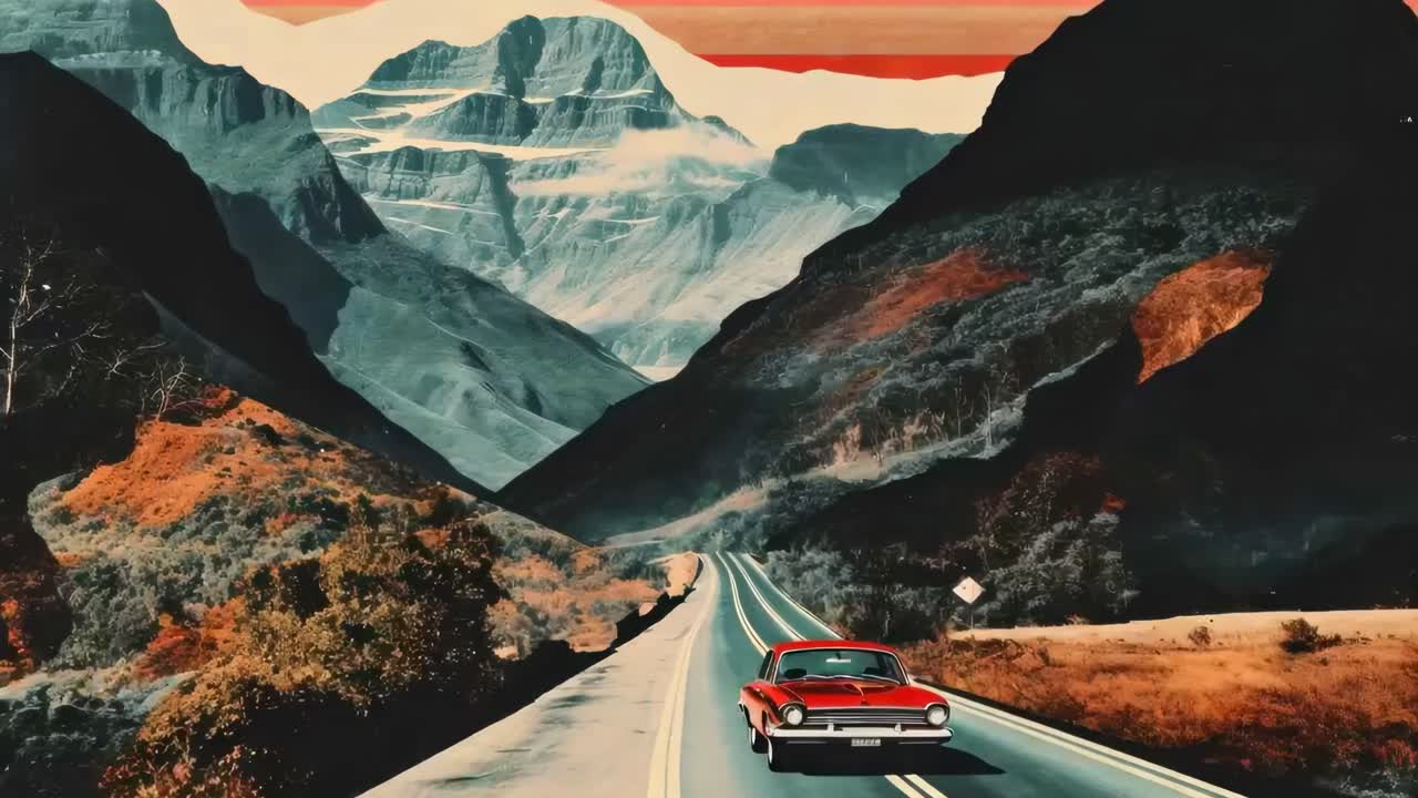 A vintage red car drives through a scenic mountain road, captured from a low front angle