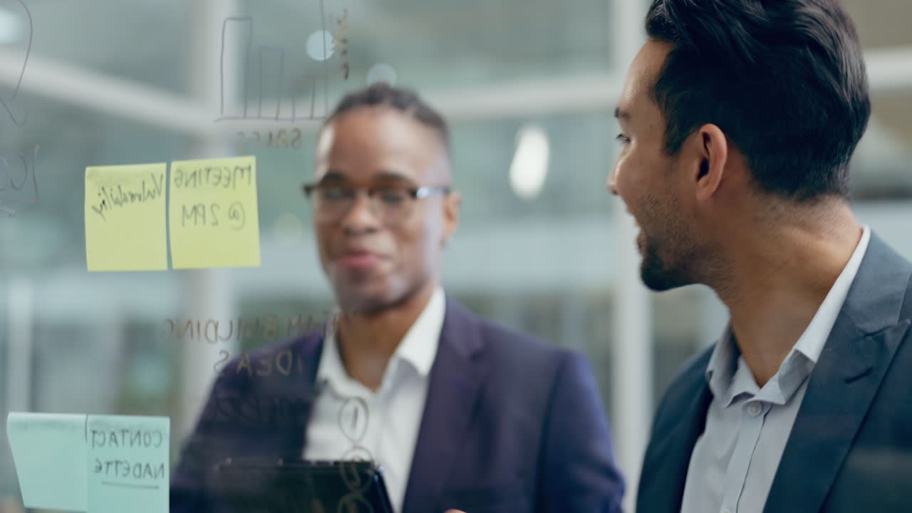 Business men, partnership and ideas on glass