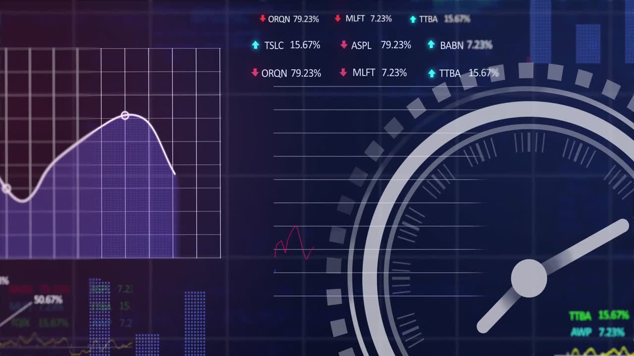 Animation of statistical and stock market data processing against purple gradient background