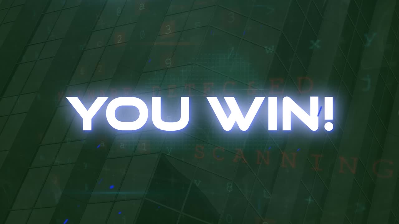 Animation of you win text and cyber attack warning over modern building