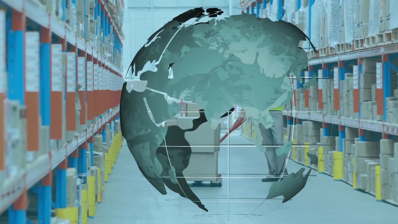 창고 에서 일 하는 사람 위 에 있는 지구 의 애니메이션