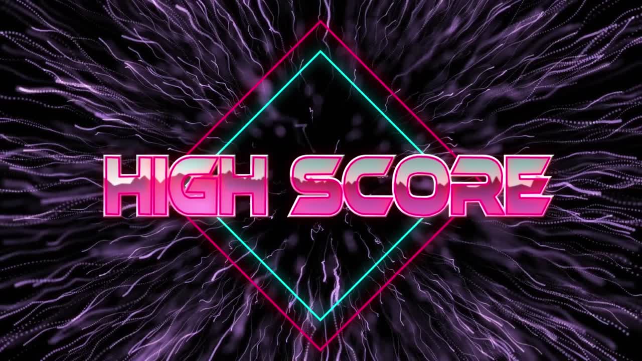 animación de texto de alta puntuación sobre formas geométricas en movimiento y fuegos artificiales