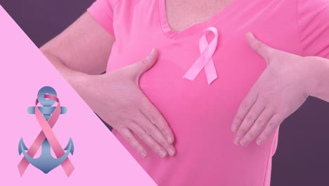 animation of pink breast cancer ribbon over caucasian woman