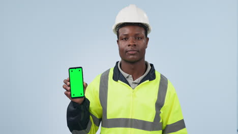 Happy-black-man,-engineer-and-phone-green-screen