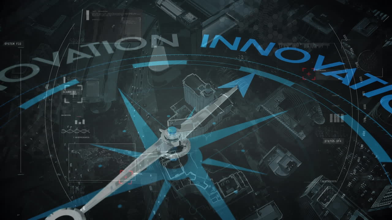 Animation d'une boussole avec du texte sur un traitement de données