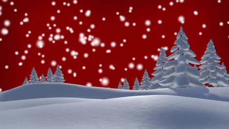 Animation-of-snow-falling-over-trees-on-red-background