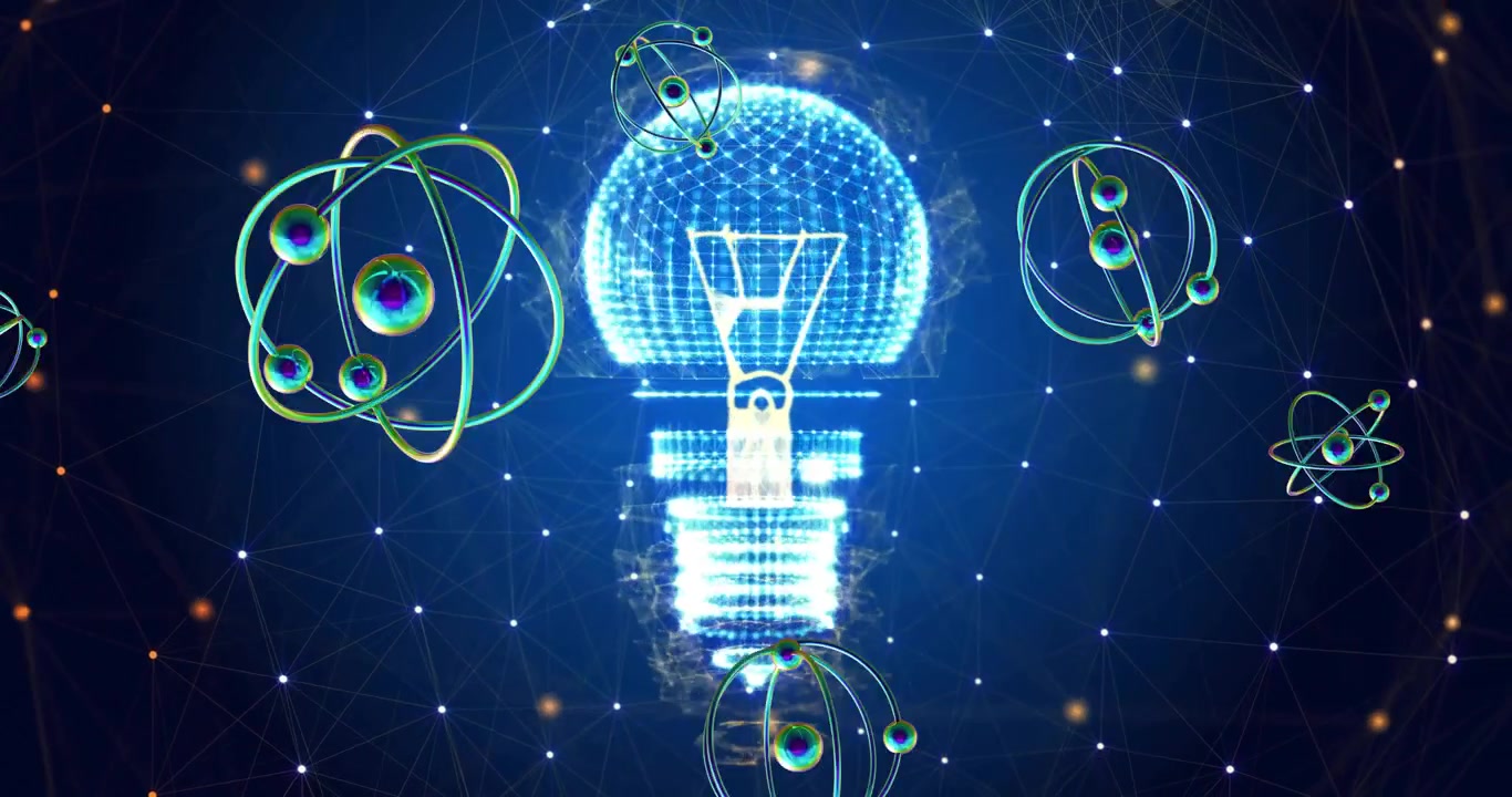 Animazione di strutture atomiche su lampadina e reti su sfondo blu