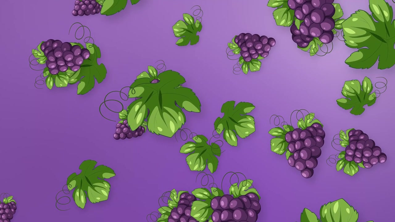 Grappoli d'uva viola stilizzati e foglie verdi cadono verticalmente su uno sfondo sfumato viola vibrante