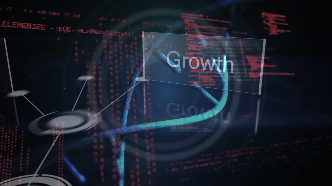 검은 바탕에 과학적 데이터, dna, 글과 연결을 애니메이션으로 표시합니다.