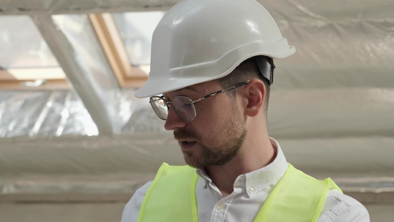 안경에 장착된 엔지니어의 클로즈업 얼굴, 하드 또는 안전복을 입은 남성, 투자자와 잘생긴 검사 계약자의 의사소통 과정, 실내에서 기계공의 기술적 직업.