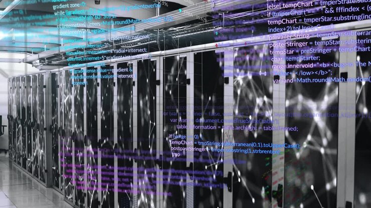 Animazione di codice informatico e elaborazione dati su rack di server in un data center