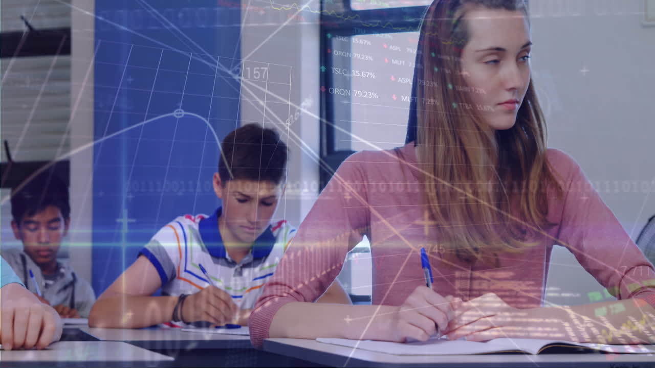 datos gráficos sobre una colegiala en el aula escribiendo una nota.