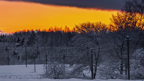 golden sunset between a snowy forest and a layer of clouds - time lapse