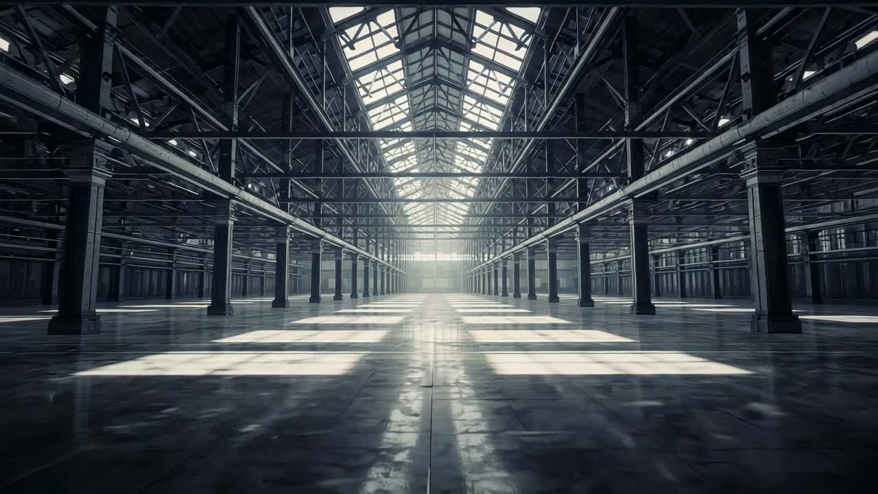 Opening shot capturing warehouse under skylights, columns casting light indicating time lapse