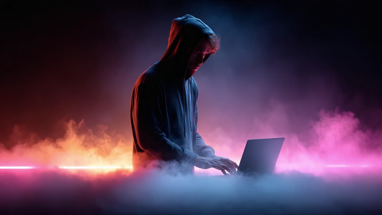A Mysterious Figure in a Hoodie Engaged in a Digital Endeavor Surrounded by Ethereal Colors and Fog, Conjuring an Atmosphere of Intrigue and Technology