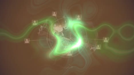 Animation-of-glowing-green-light-trail-over-moving-globe-with-network-of-people-icons