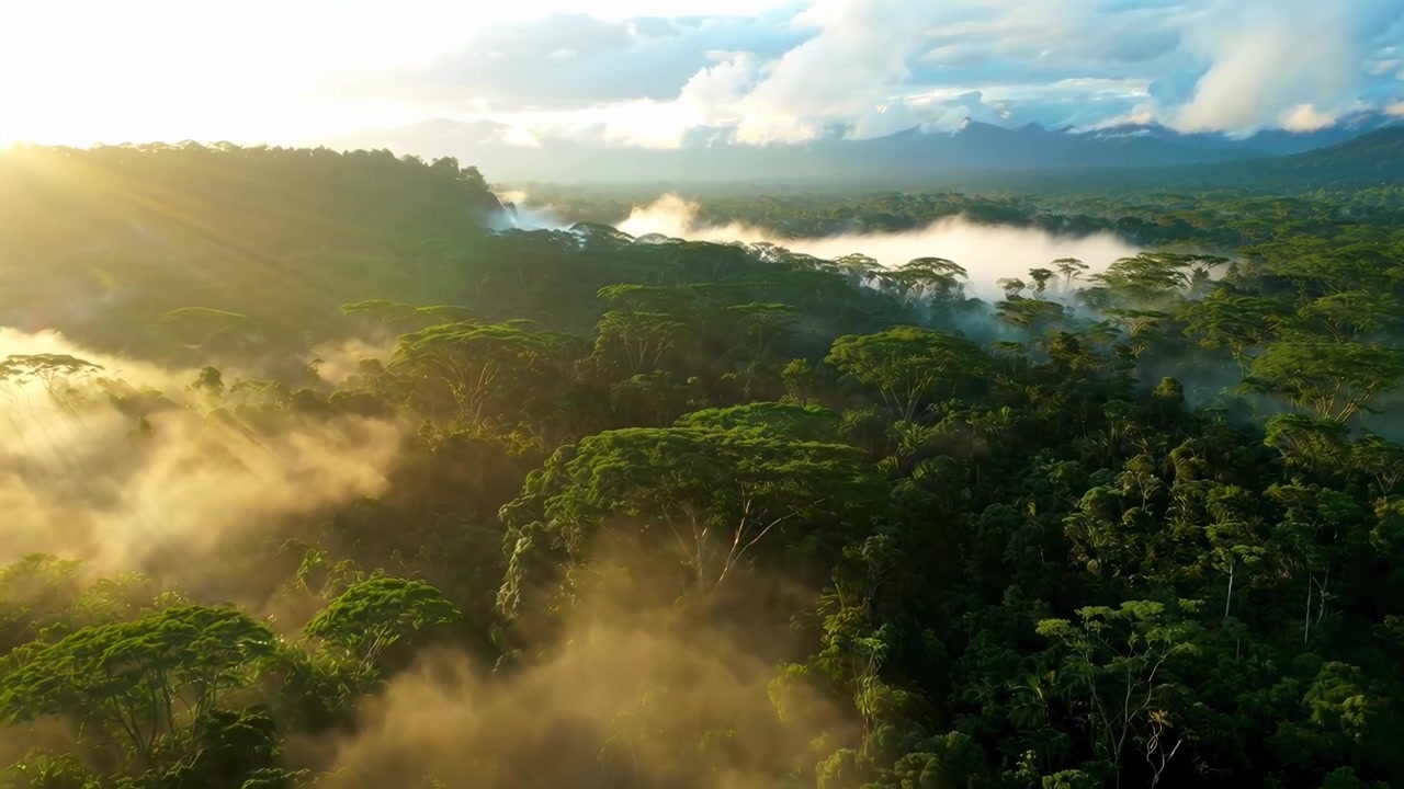 Golden Sun Rays Over Misty Tropical Rainforest