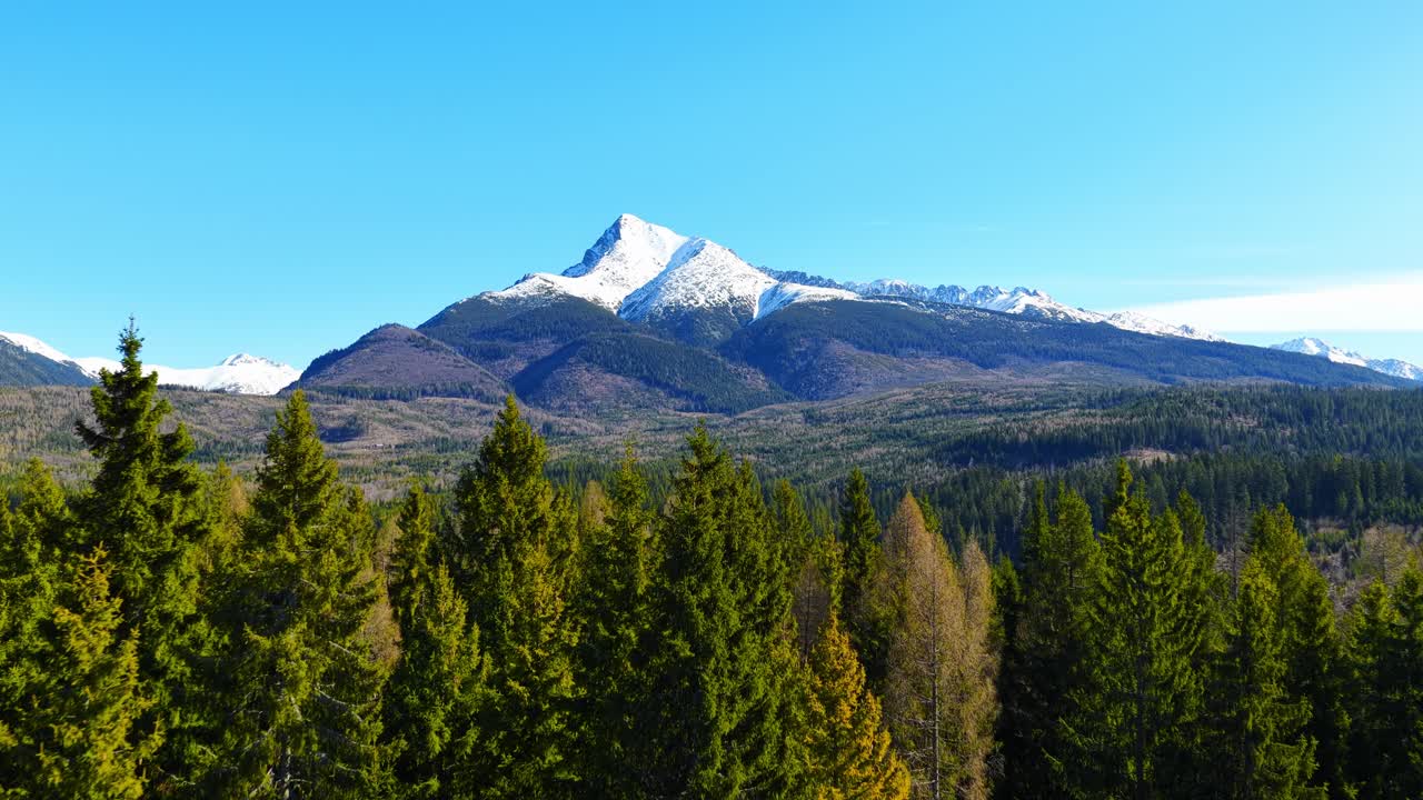 Splendido paesaggio panoramico dell'iconica cima Kriváň negli Alti Tatra, Slovacchia, che si erge sopra una fitta foresta. Montagna coperta di neve sotto un cielo azzurro limpido, perfetta per immagini di viaggio e natura.