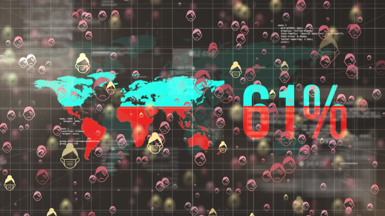 어두운 배경에서 세계를 가로질러 떨어지는 아픈 이모티콘의 애니메이션