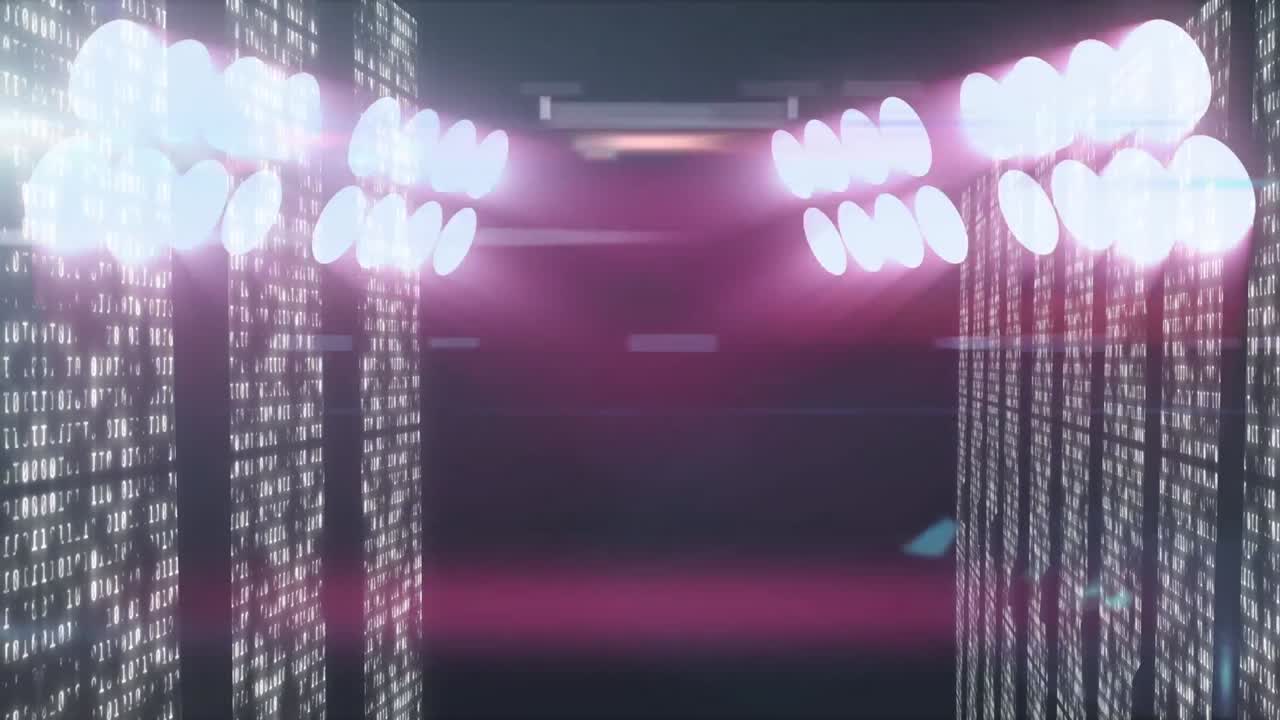 Animation of moving columns over spot lights on black background