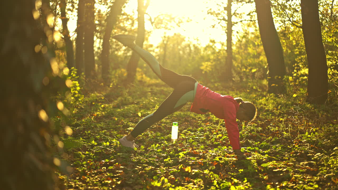 Kvinde laver yoga/plankeøvelse i solbeskinnet skov