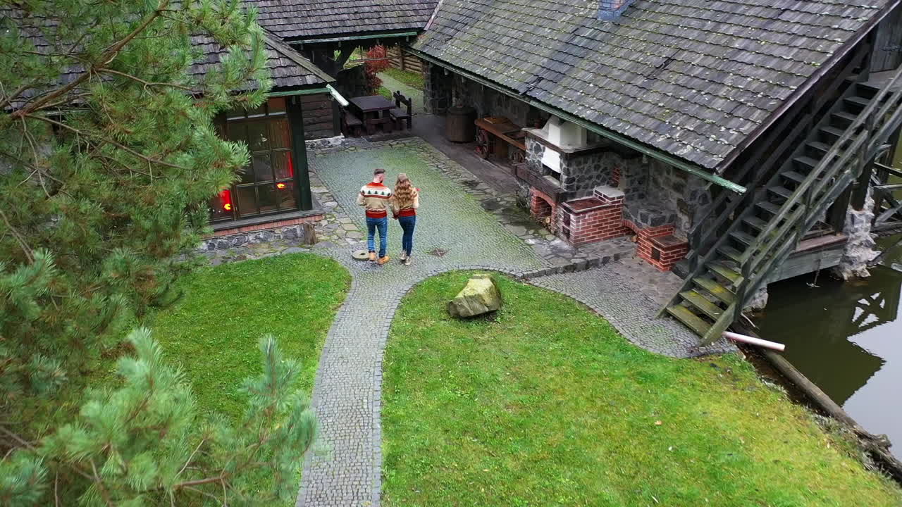Rest area in park. Young couple in love in village