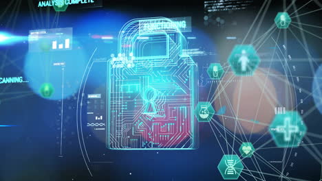 Digital lock and cybersecurity icons with data analysis complete animation