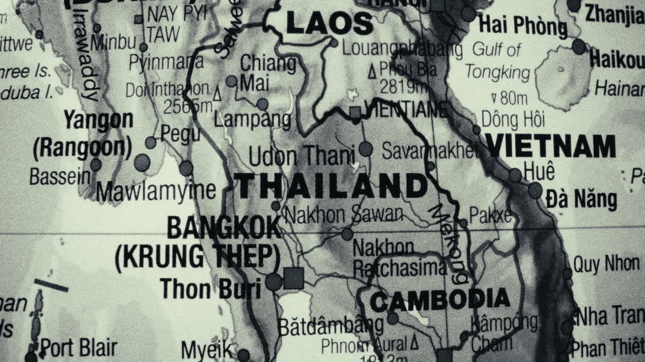 Close-up of Southeast Asia map showing Thailand, Laos, Vietnam, and Cambodia
