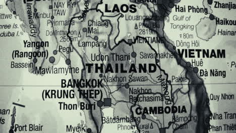 close-up of southeast asia map showing thailand, laos, vietnam, and cambodia