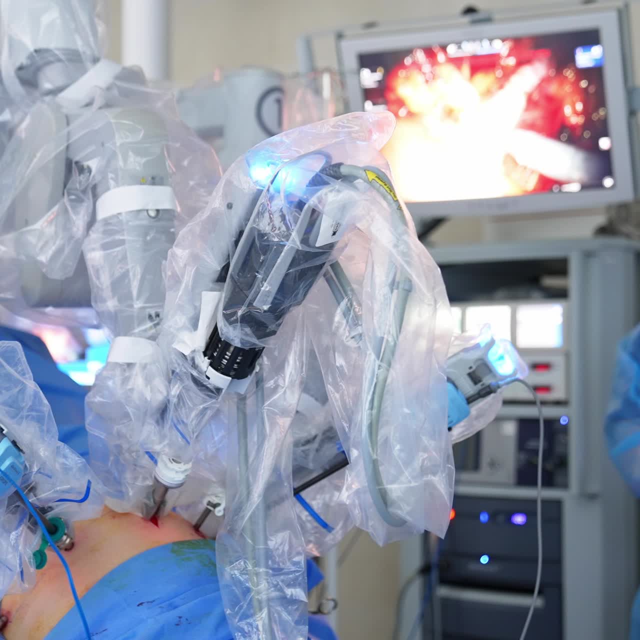 Da Vinci robot conducts the surgery with minimal invasion. Male surgeon stands and watches the process. Operation is on the screen at backdrop