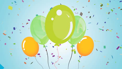 animación de globos verdes y amarillos con confeti sobre un fondo azul