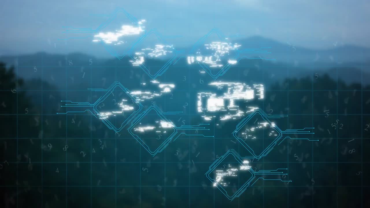 풍경 위에 떠다니는 디지털 아이콘의 애니메이션