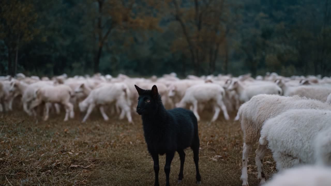 A solitary black sheep stands out in a flock of white sheep grazing in a serene, autumn landscape, showcasing the beauty of diversity in nature's herd