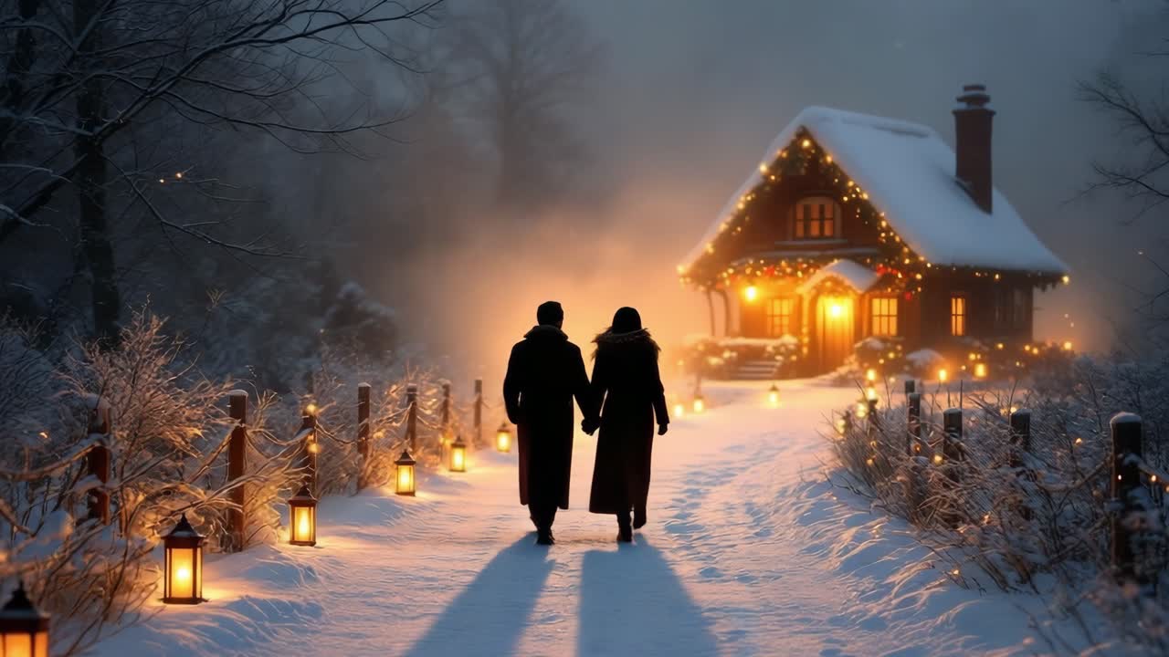 Romantic couple holding hands, walking on a snowy path towards a warm, festively lit cottage in a winter wonderland, creating a magical Christmas atmosphere