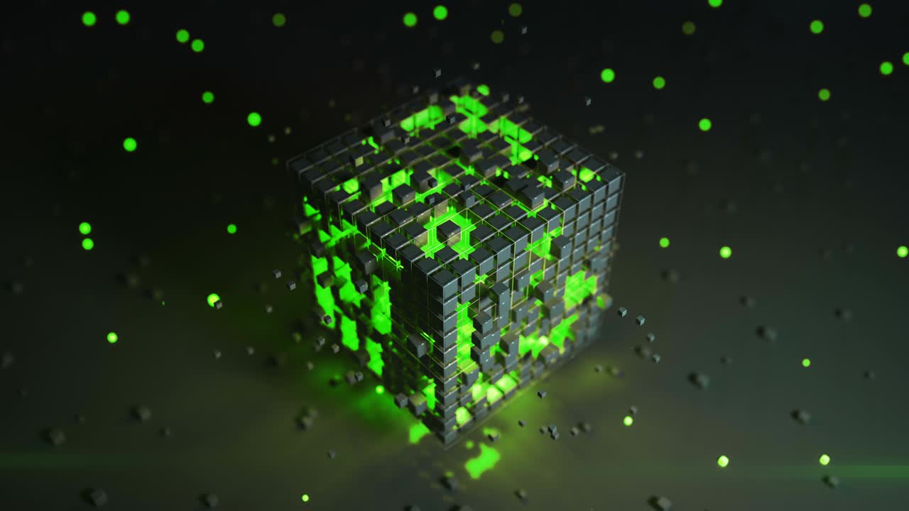Futuristic cube with glowing green elements seamless loop 3D render animation